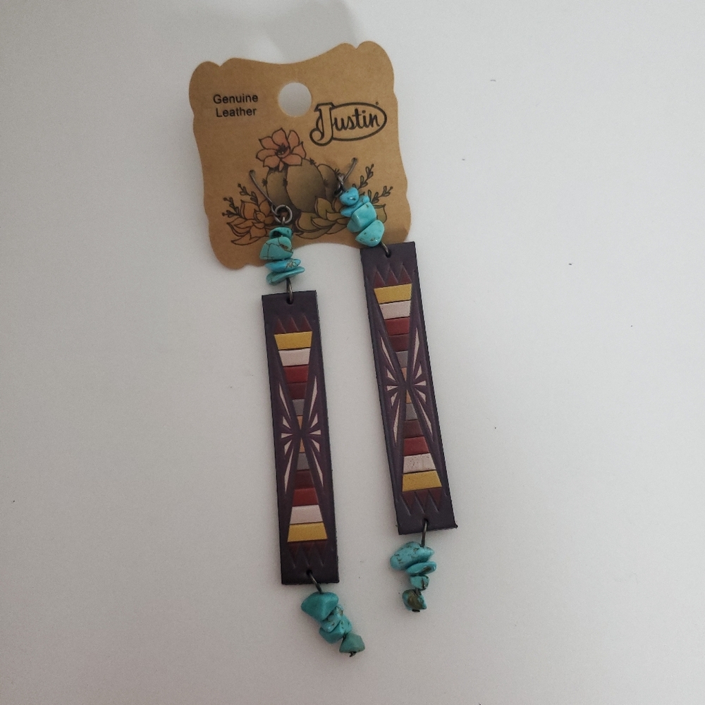 Justin Genuine Leather Women Western Dangle Earings Cowgirl Boho Coastal Cowgirl